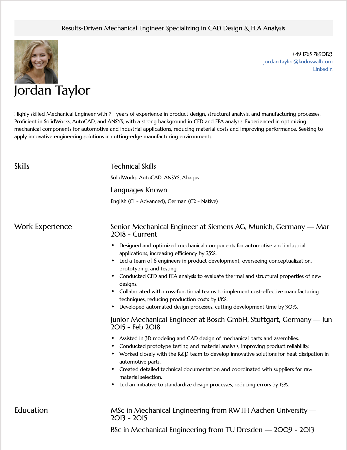 Europass CV Mechanical Engineer Resume Example