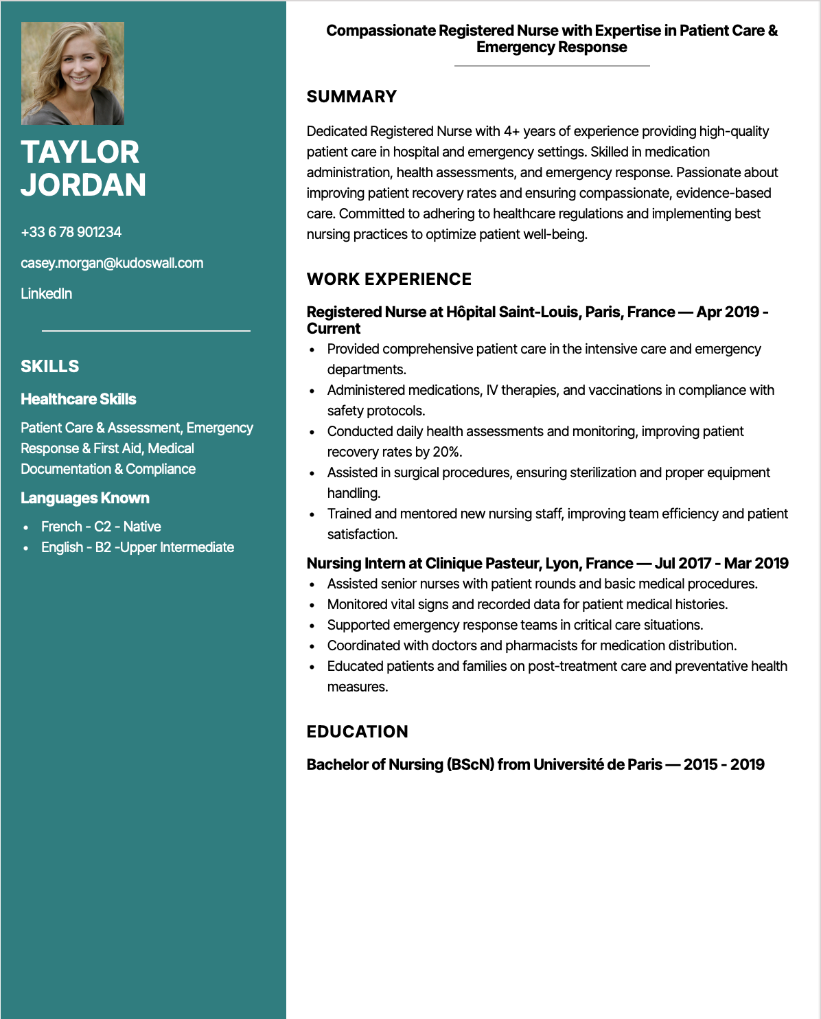 Europass CV Example For Registered Nurse European CV Format