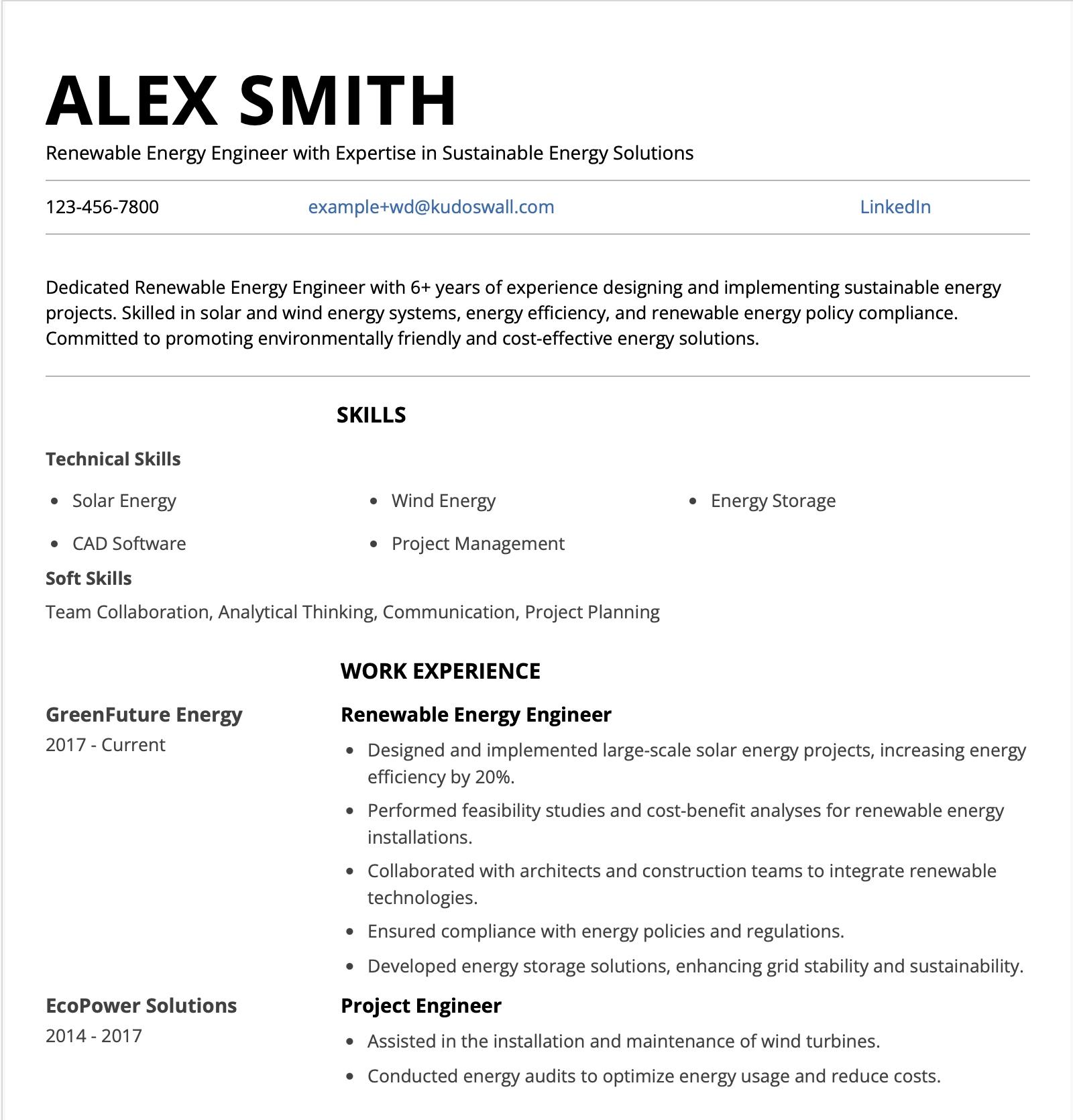 Renewable Energy Engineer Europass CV Example