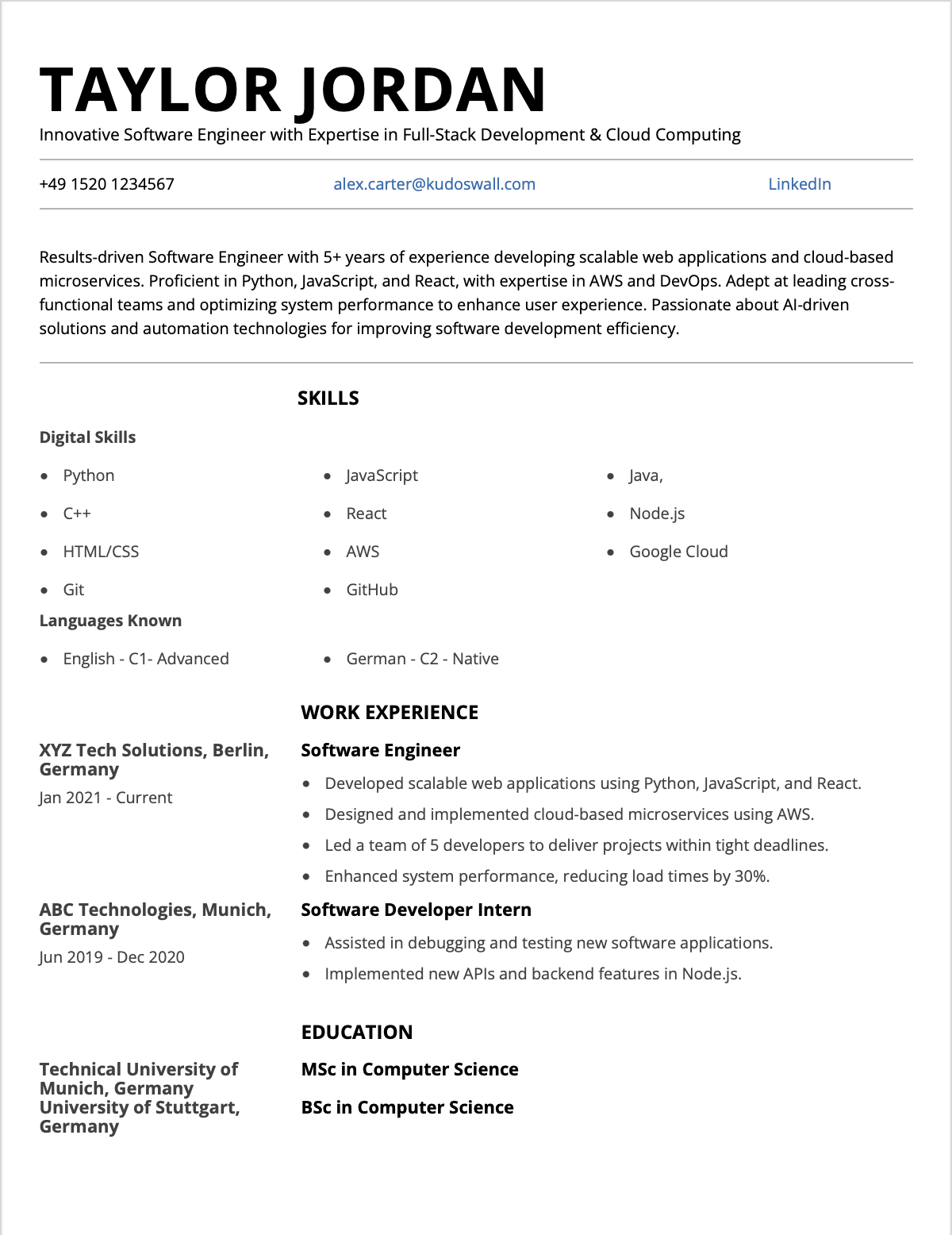 Europass CV Software Engineer Resume Example