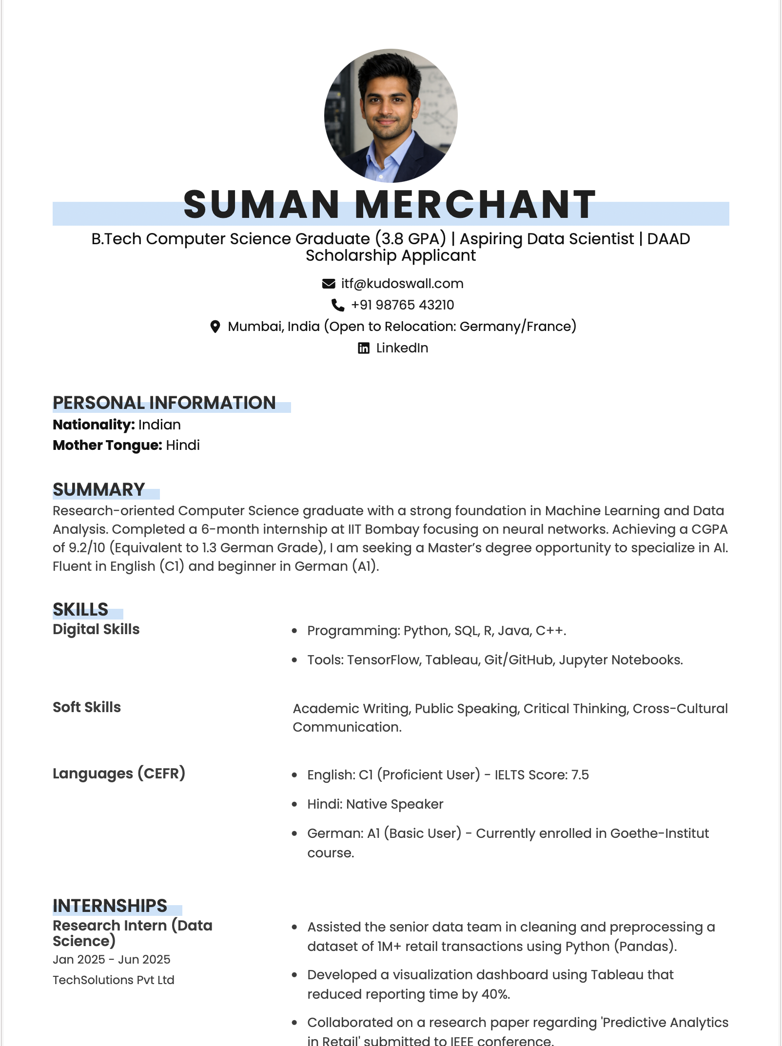Europass CV Example for MS in Computer Science and Student Visas