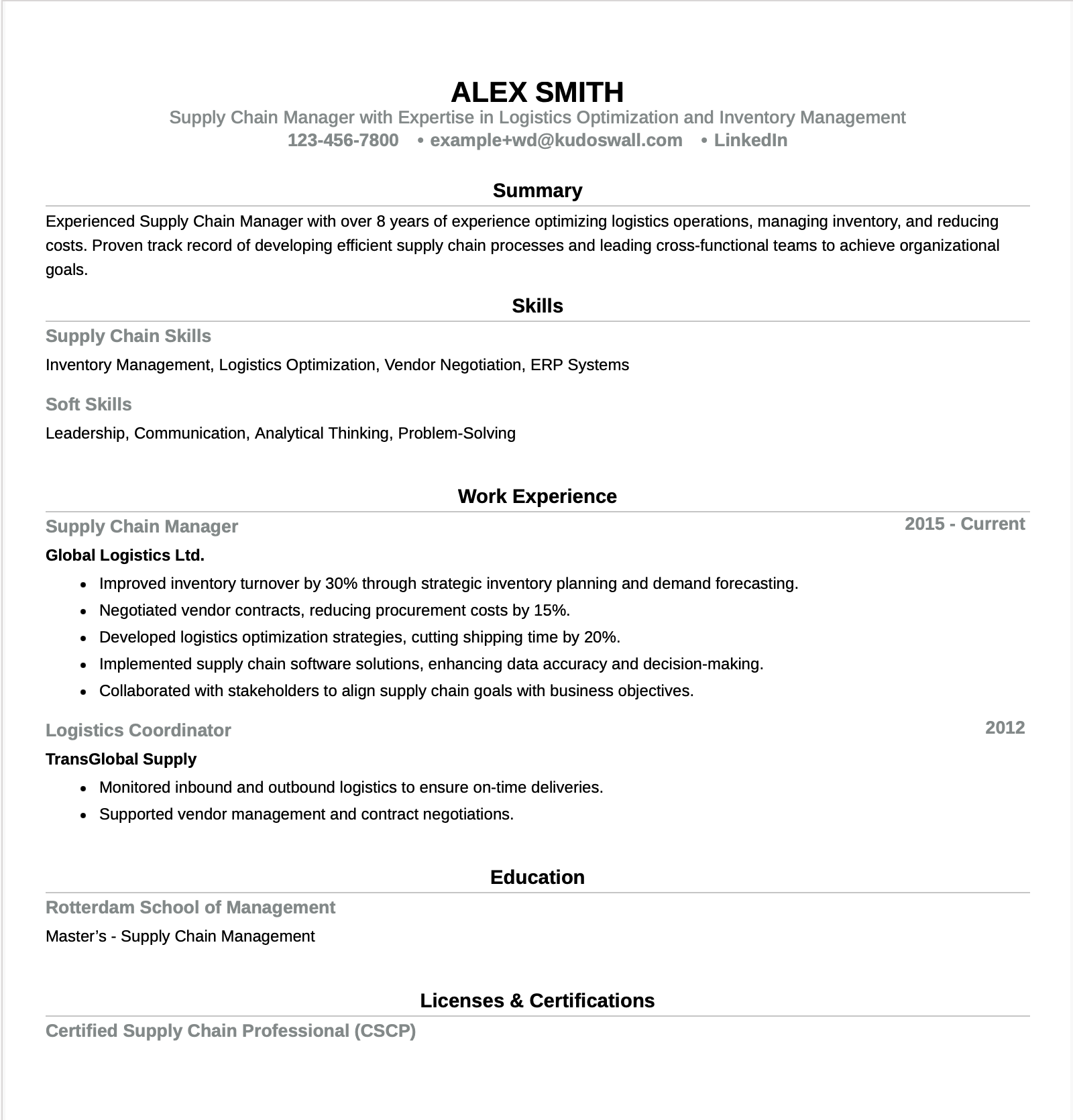 Supply Chain Manager Europass CV Example Built Using Customizable Europass CV Template