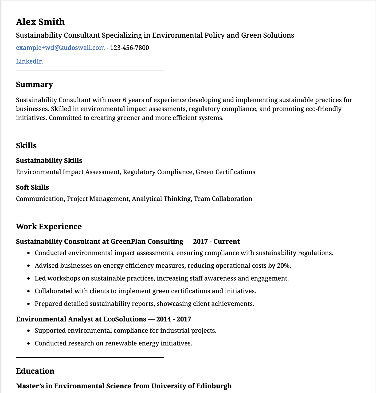 Sustainability Consultant Europass CV Example