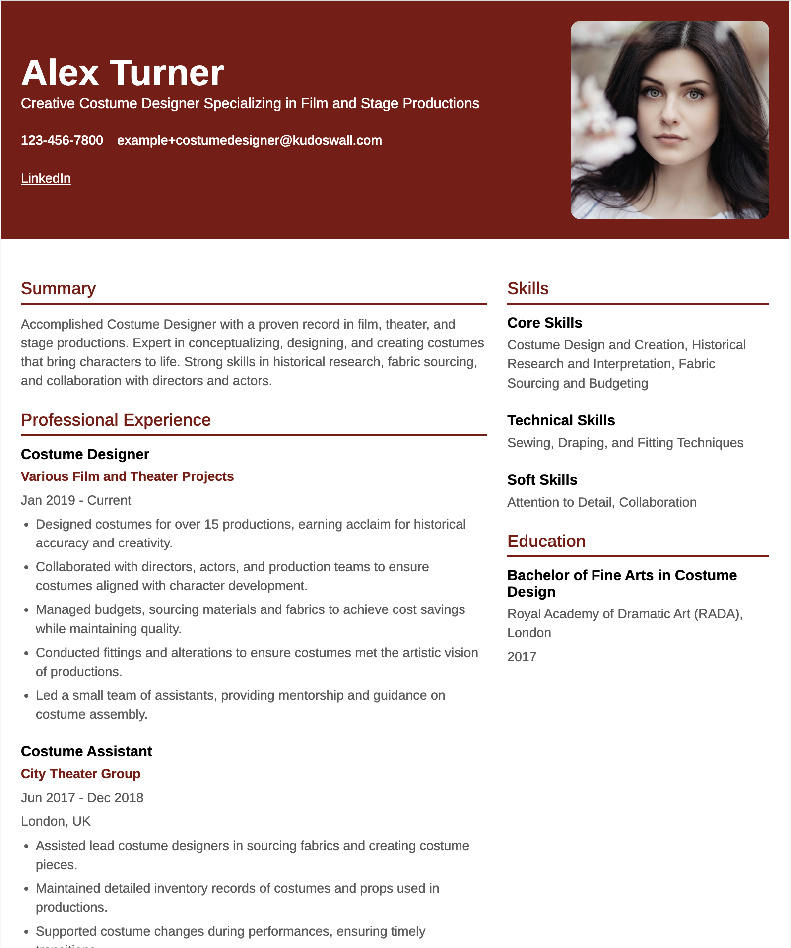 Costume Designer Resume Example