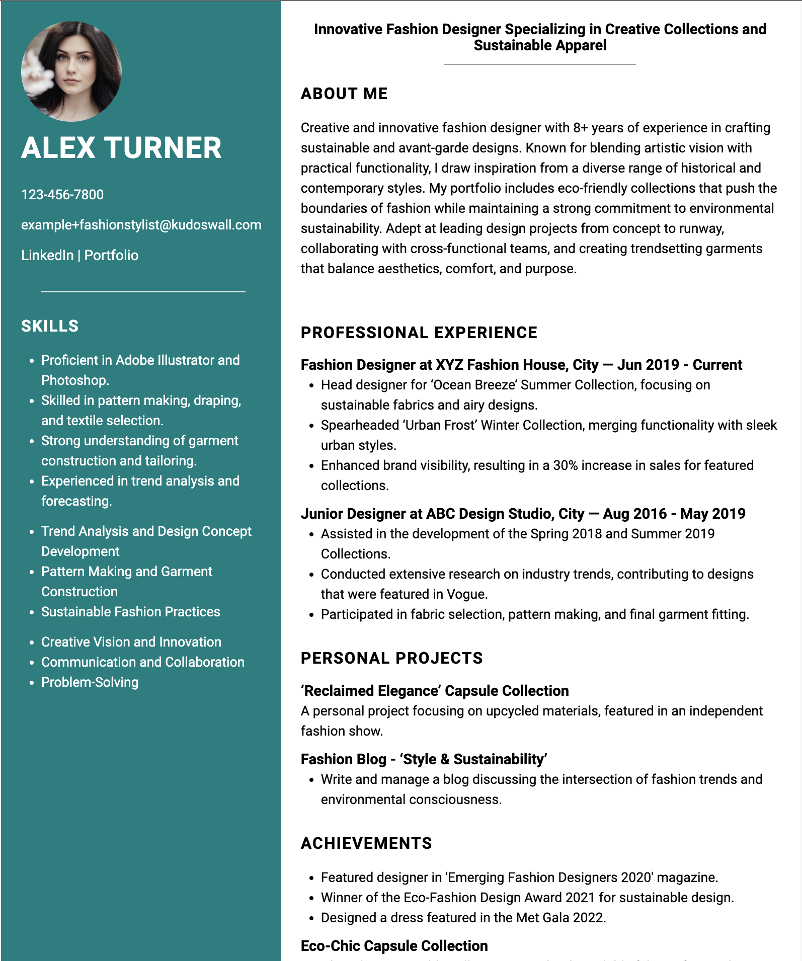 Fashion Designer Resume Example