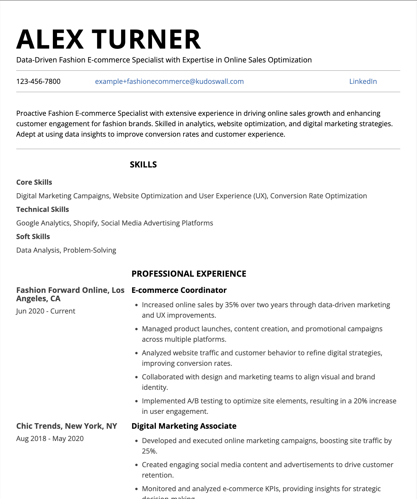 Fashion E-Commerce Specialist Resume Example