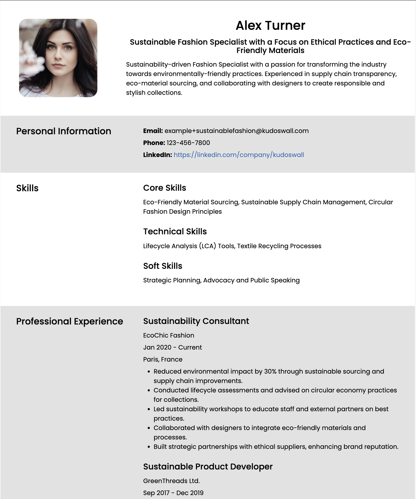 Sustainable Fashion Specialist Resume Example