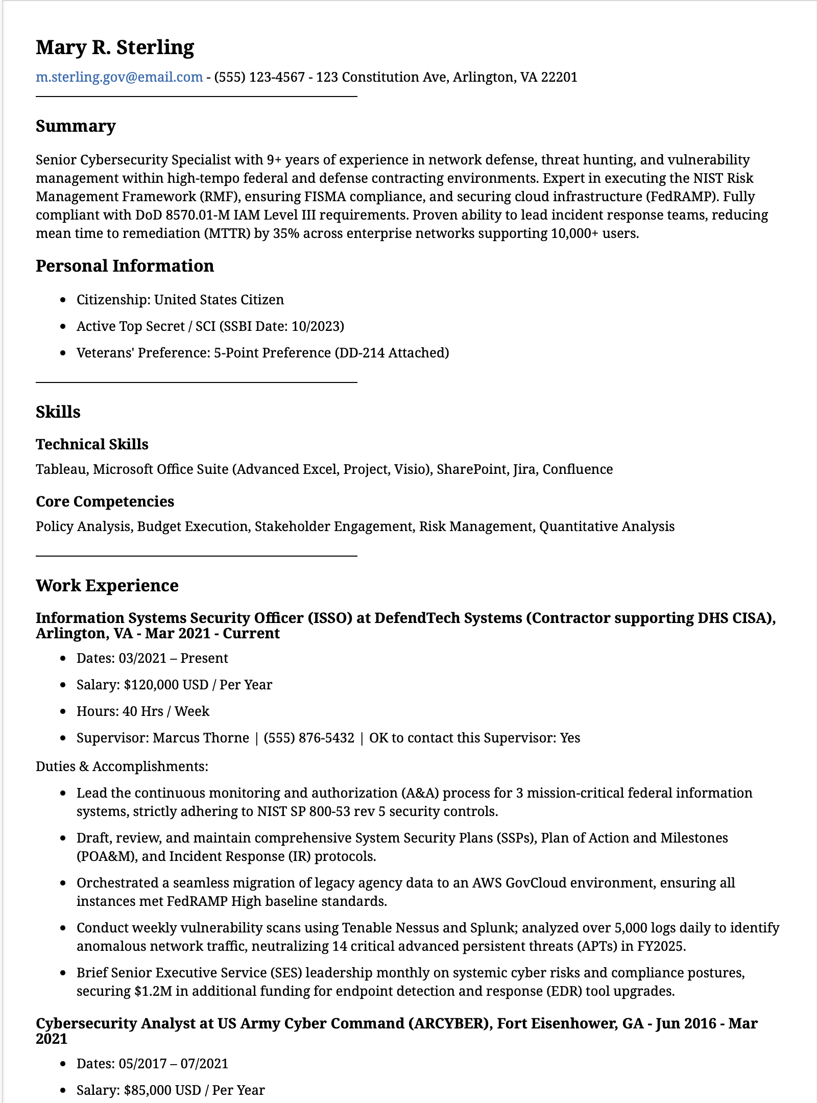 Federal IT & Cybersecurity Resume Format
