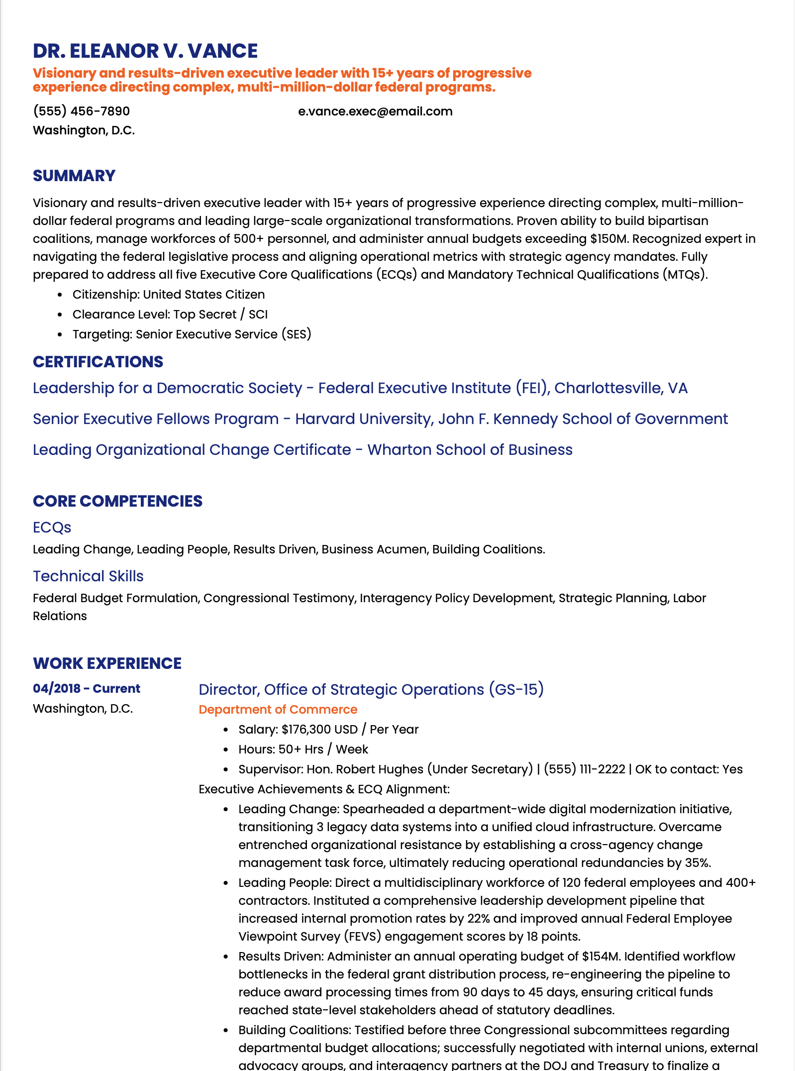 SES Executive Core Qualifications Resume