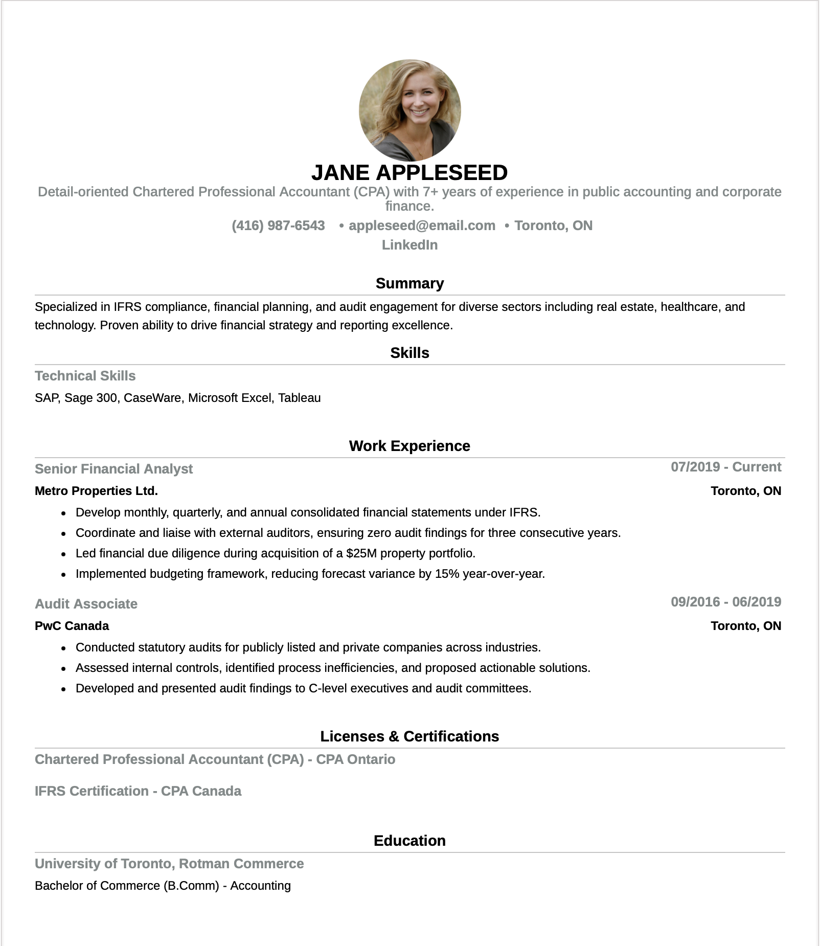Chartered Professional Accountant Resume Sample