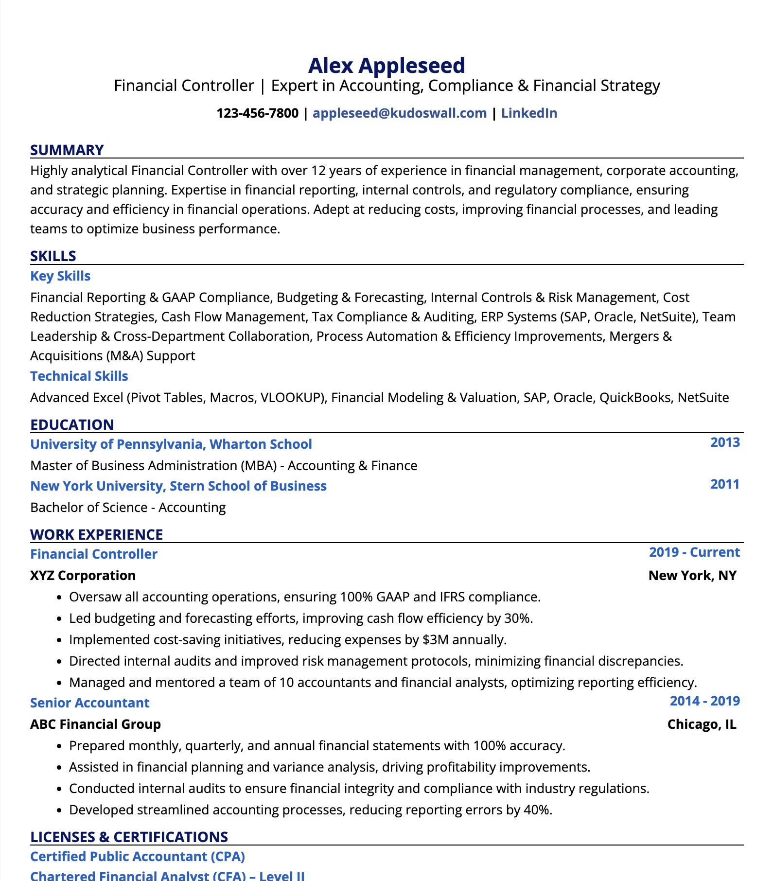 Financial Controller Resume Sample