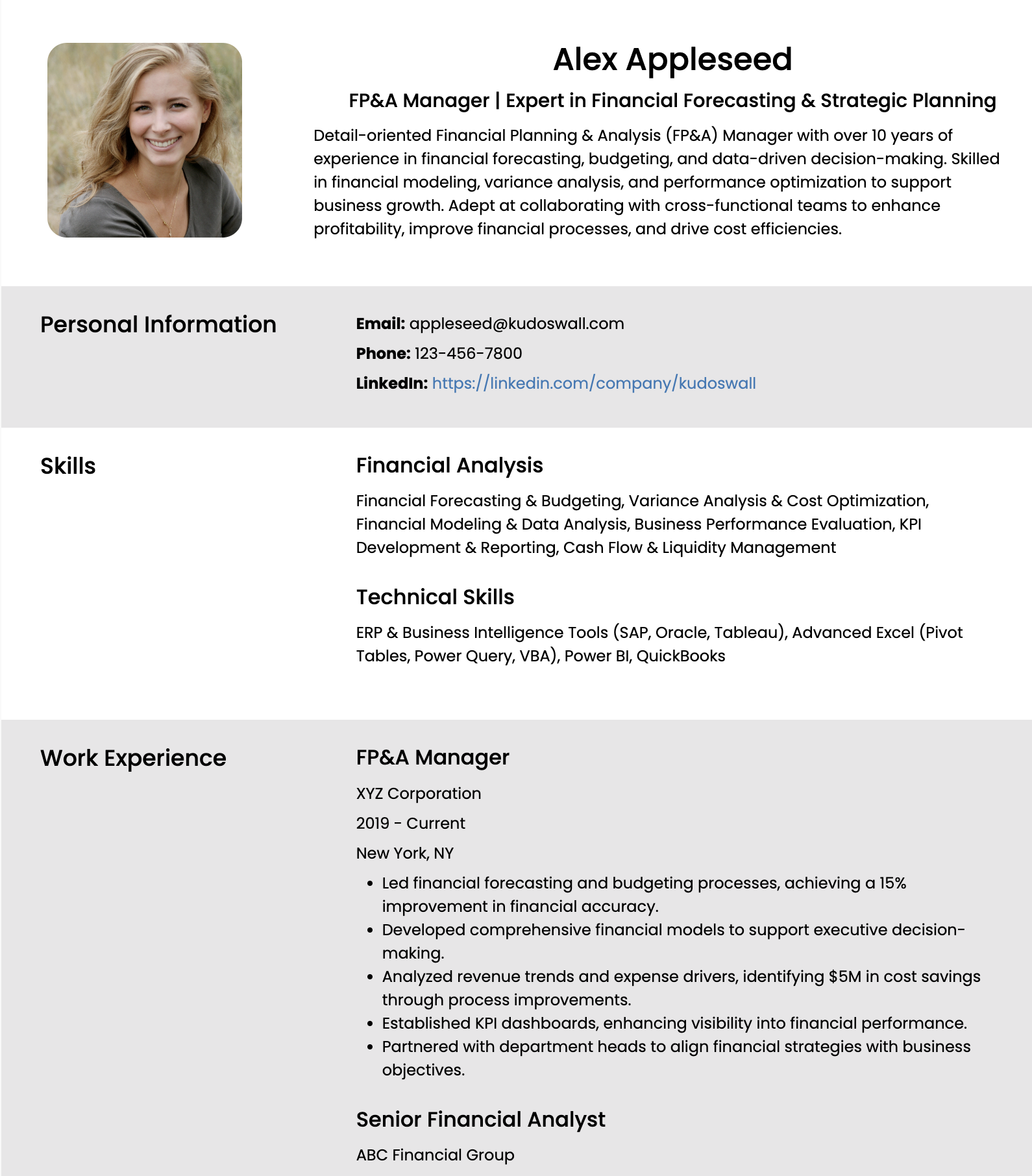 Financial Planning & Analysis (FP&A) Manager Resume Sample