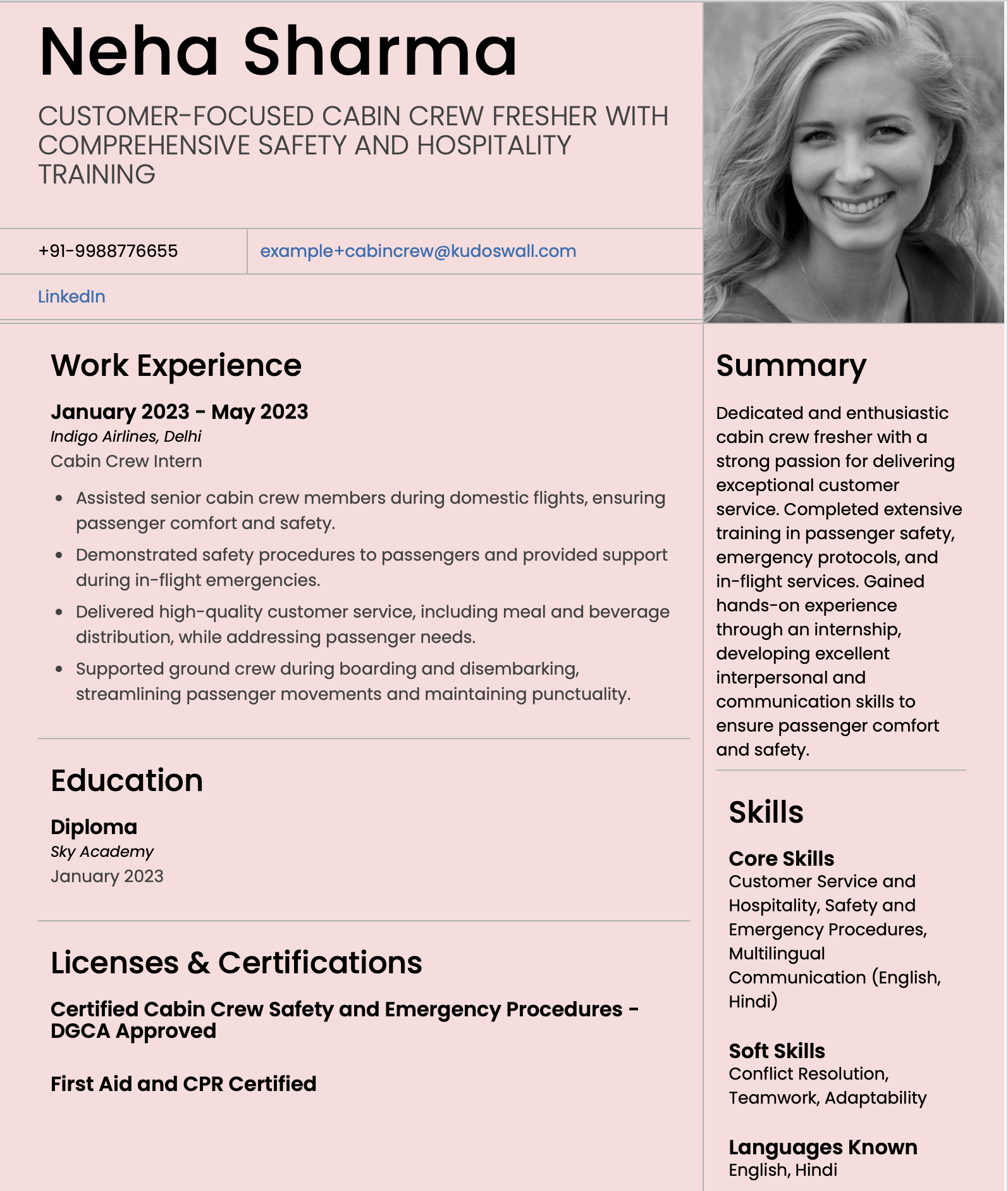 Cabin Crew Fresher Resume Example