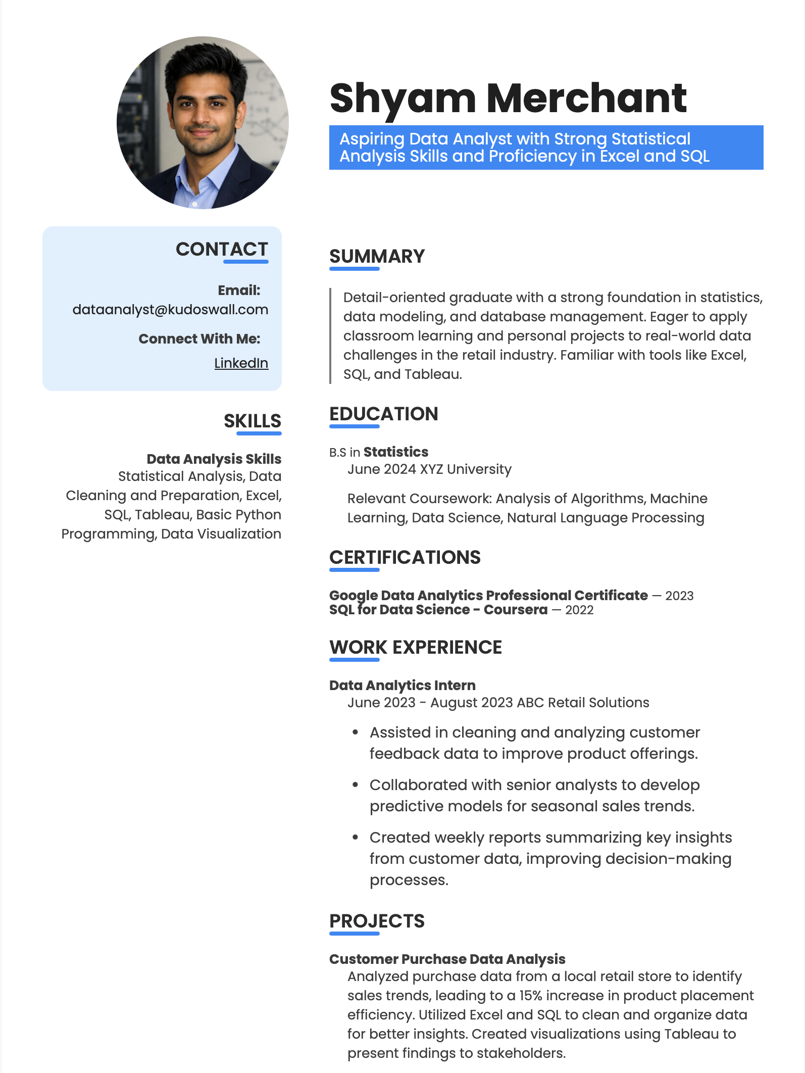 Data Analyst Fresher Resume Example