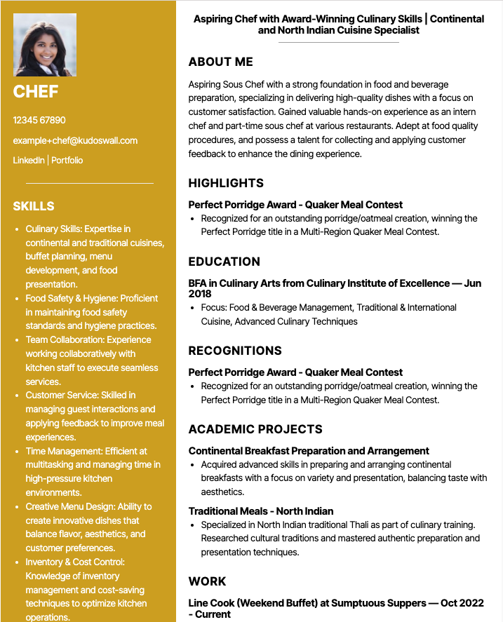 Sous-Chef Fresher Resume Example