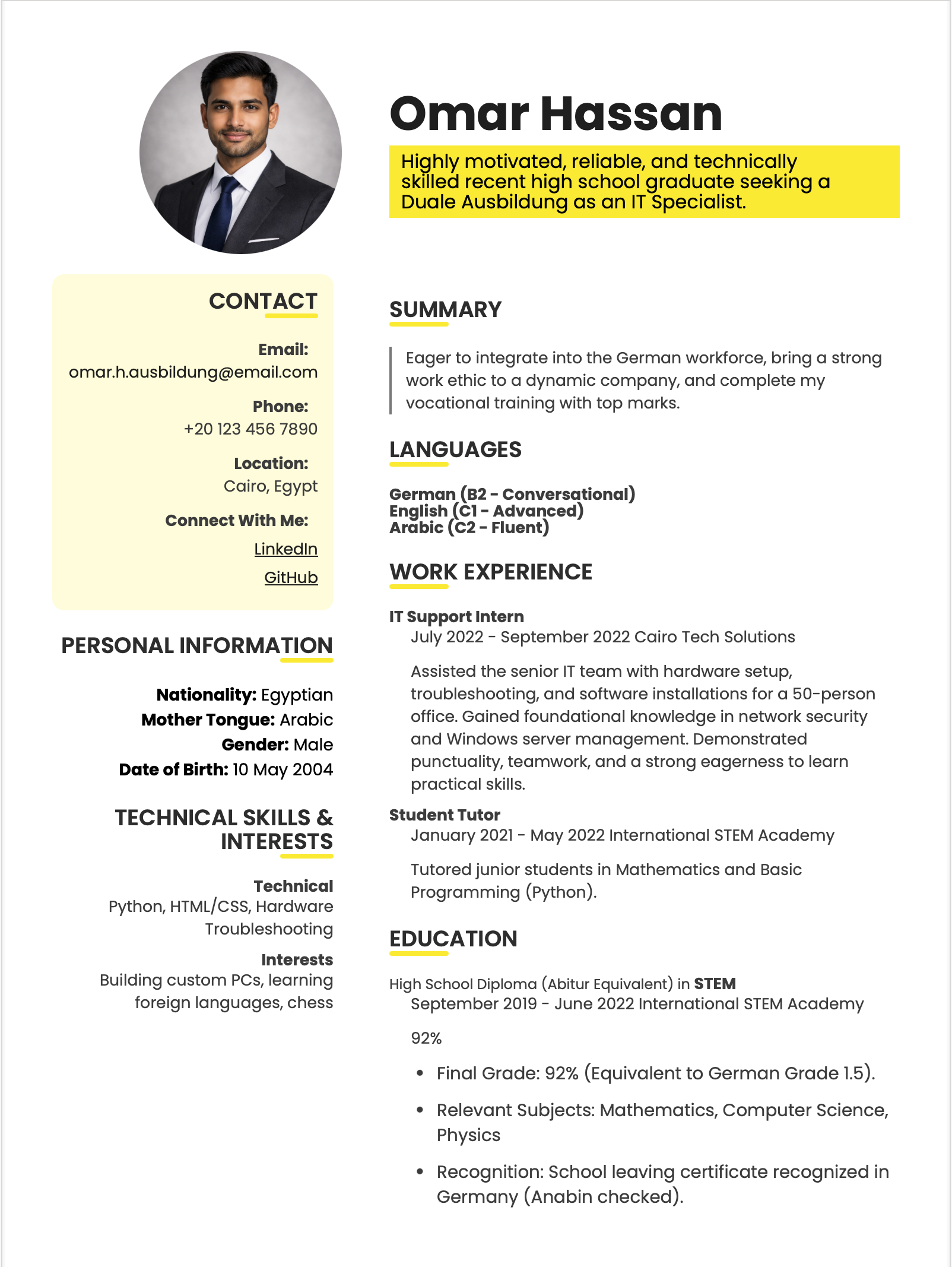 Ausbildung CV Format (German Apprenticeship)