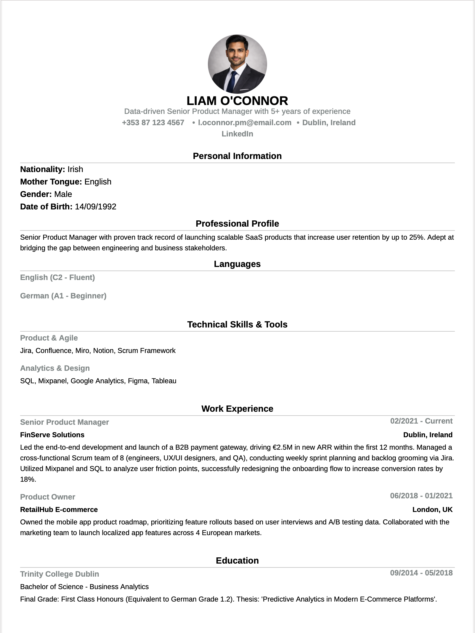 English CV for Germany (Expat Hybrid Format)