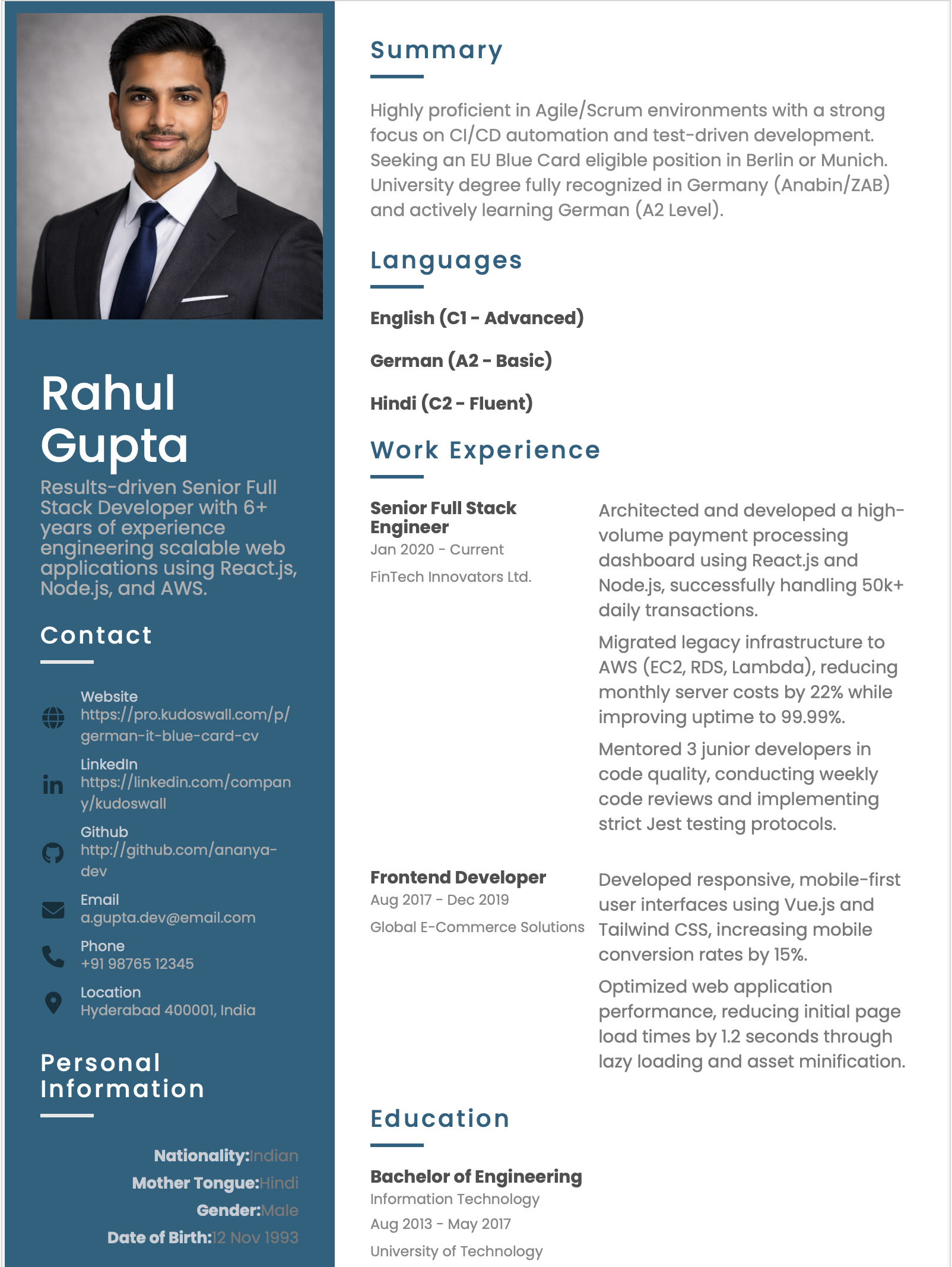 EU Blue Card CV Format (IT & Engineering Germany)