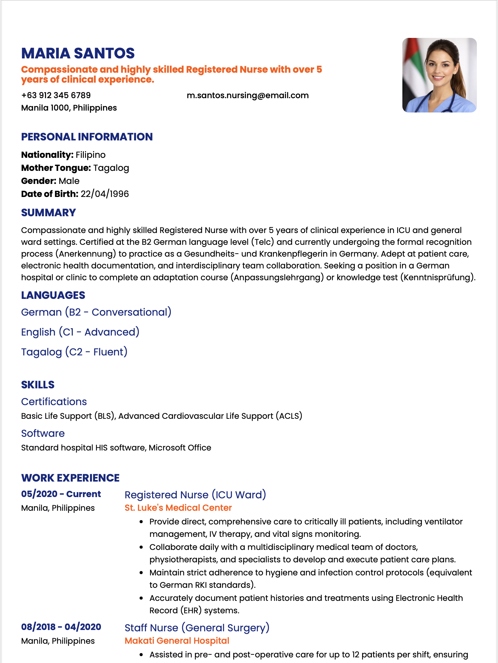 German Nursing CV Format (Pflegefachkraft)