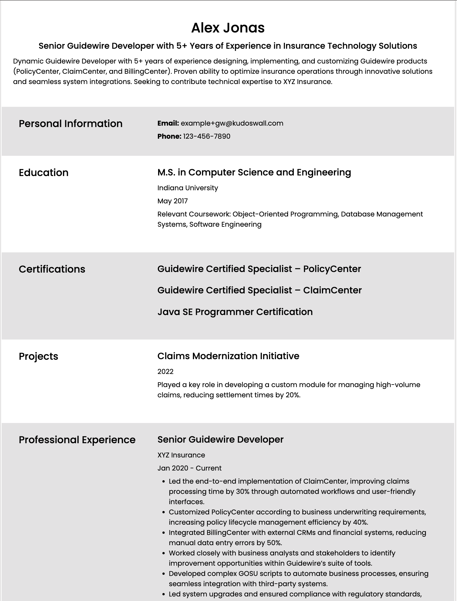 Guidewire Senior Developer Resume