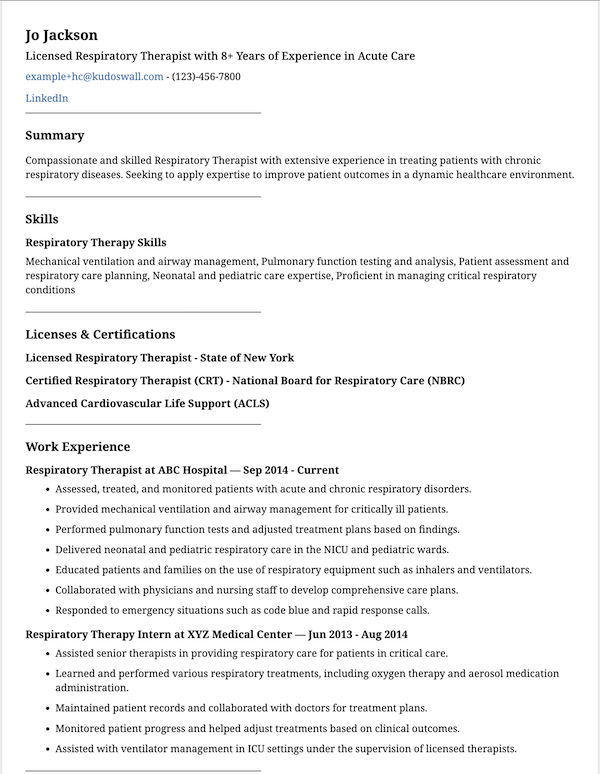 Respiratory Therapist Resume