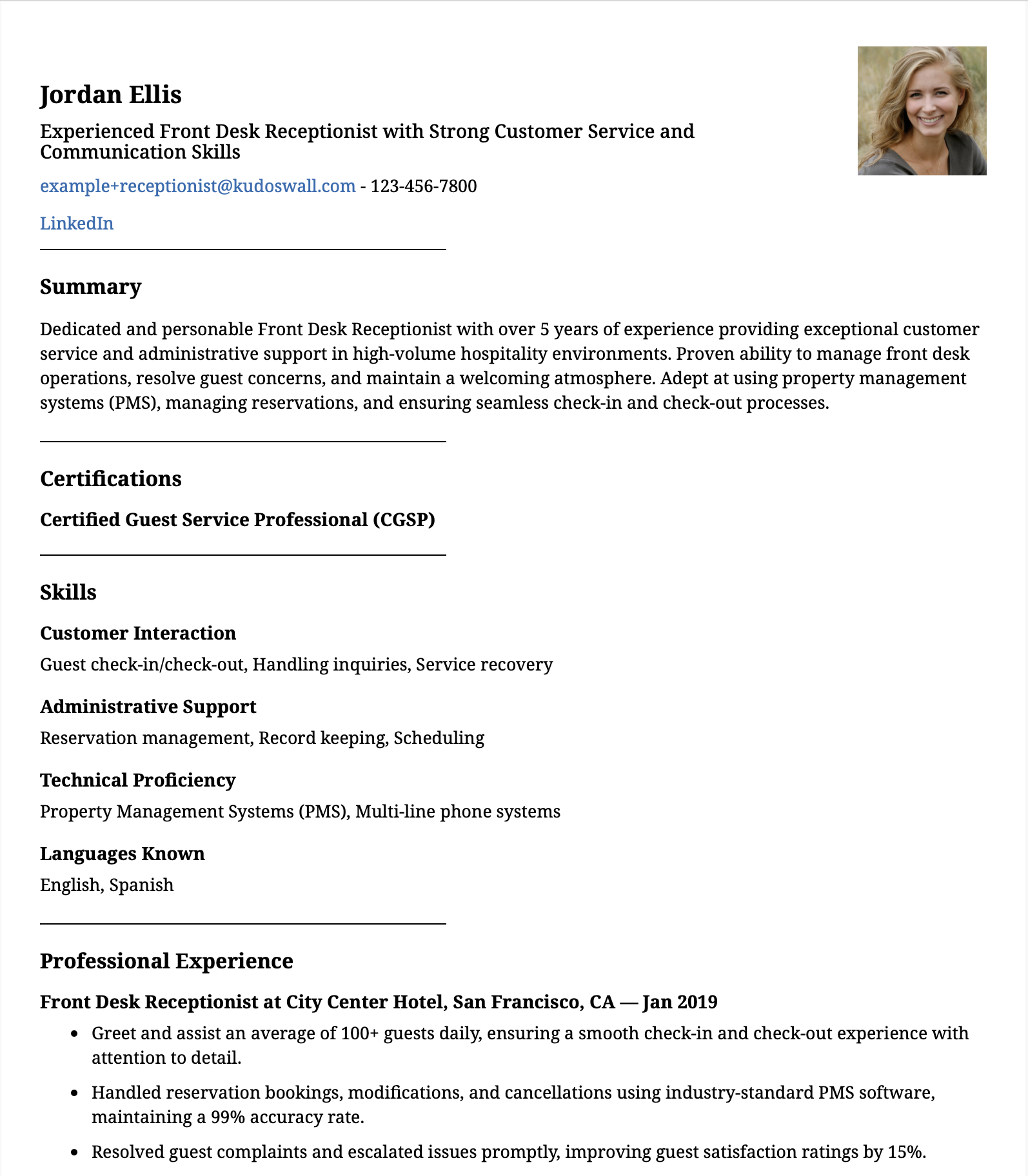 Front Desk Receptionist Resume Example