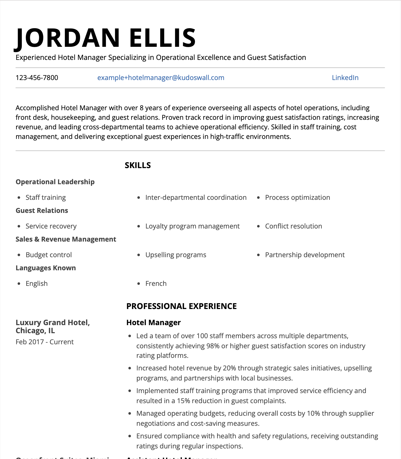 Hotel Manager Resume Example