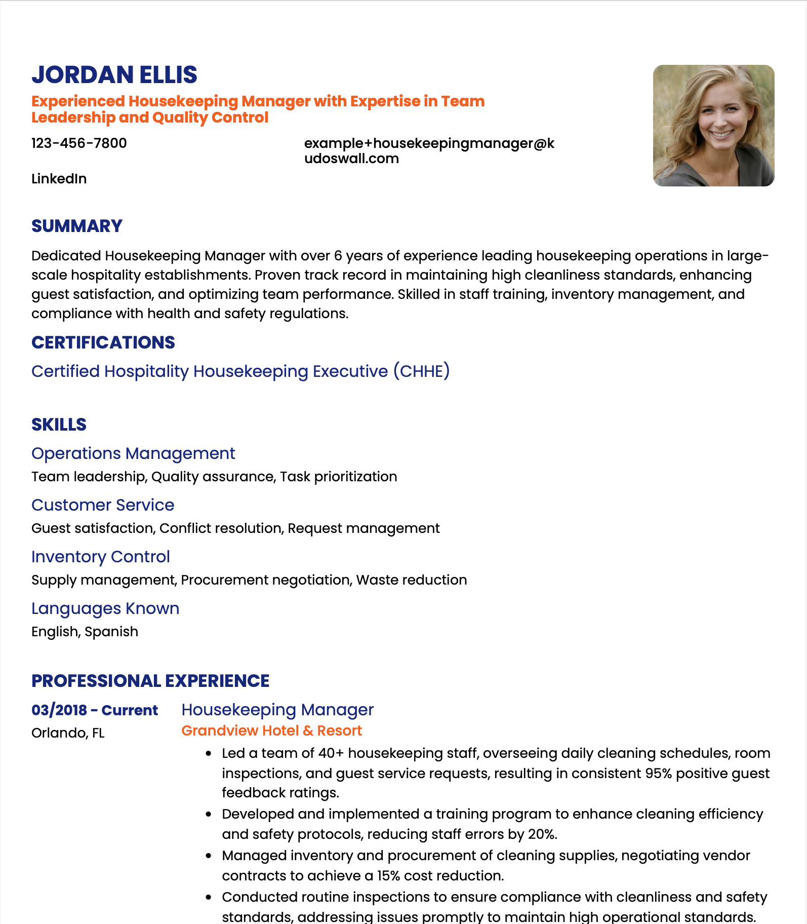 Housekeeping Manager Resume Example