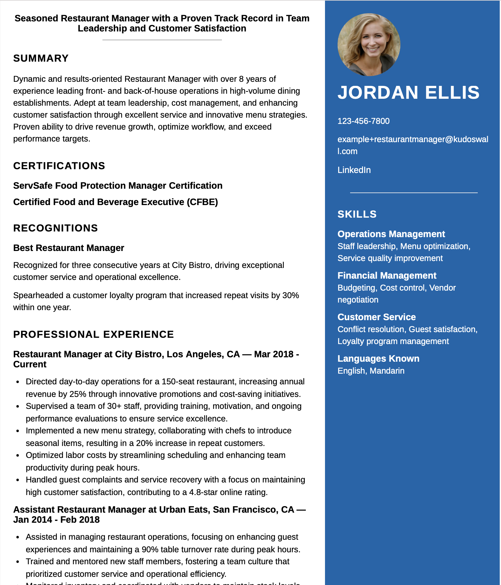 Restaurant Manager Resume Example