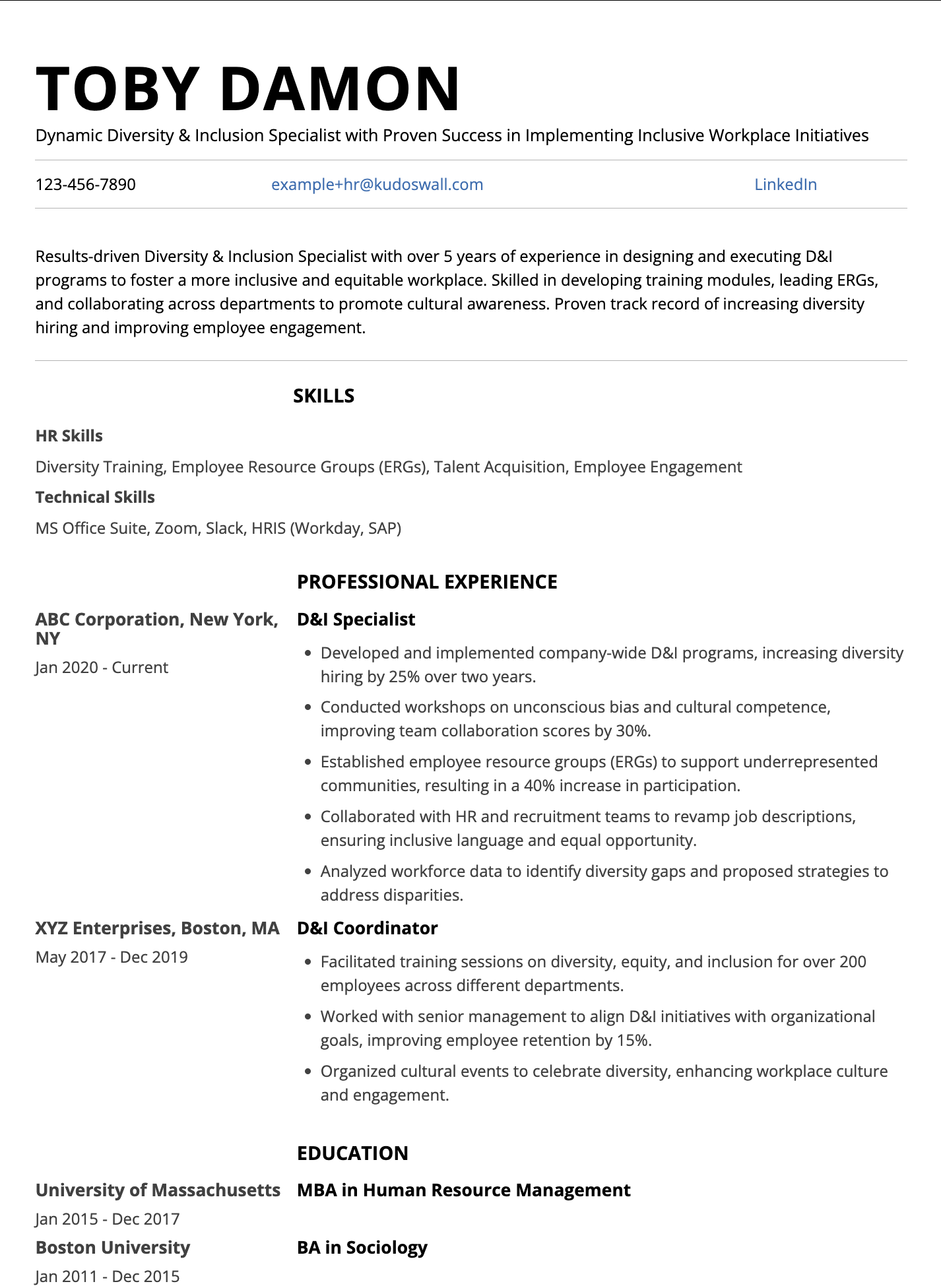 Diversity & Inclusion Specialist Resume