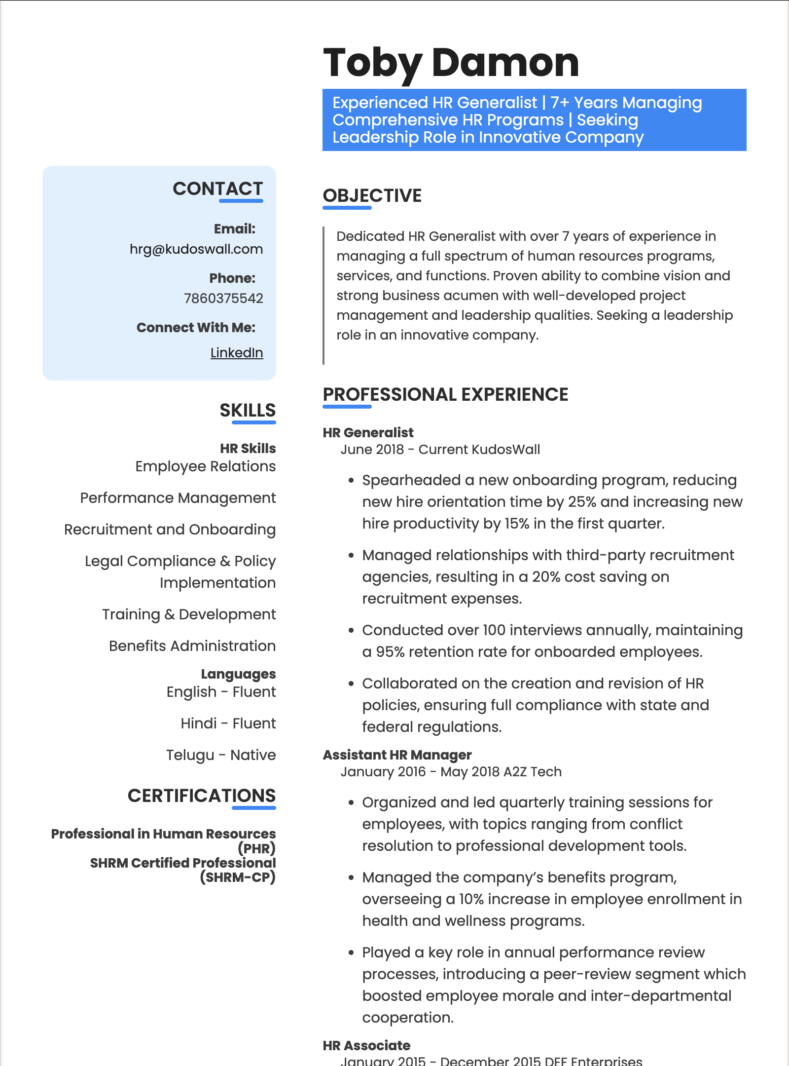 HR Generalist Resume Example