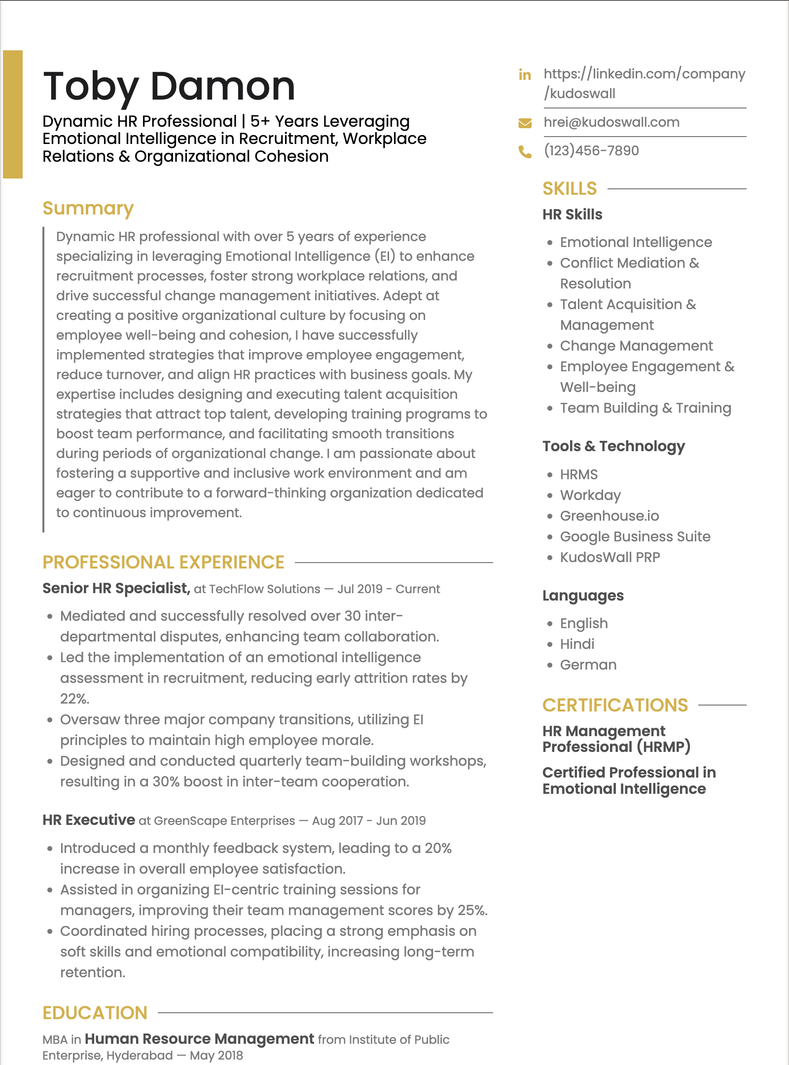 HR Specialist Resume Example