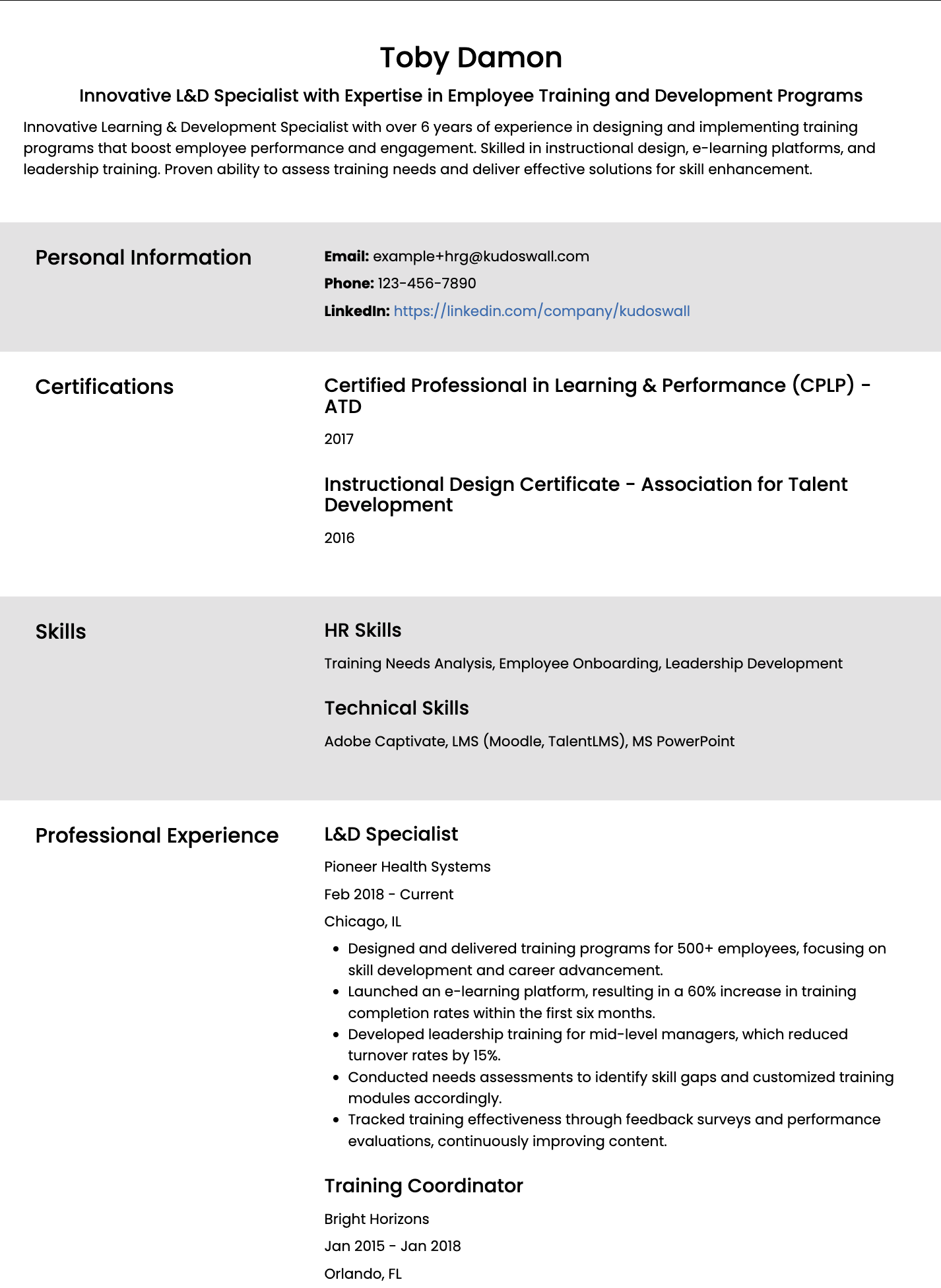 Learning & Development Specialist Resume