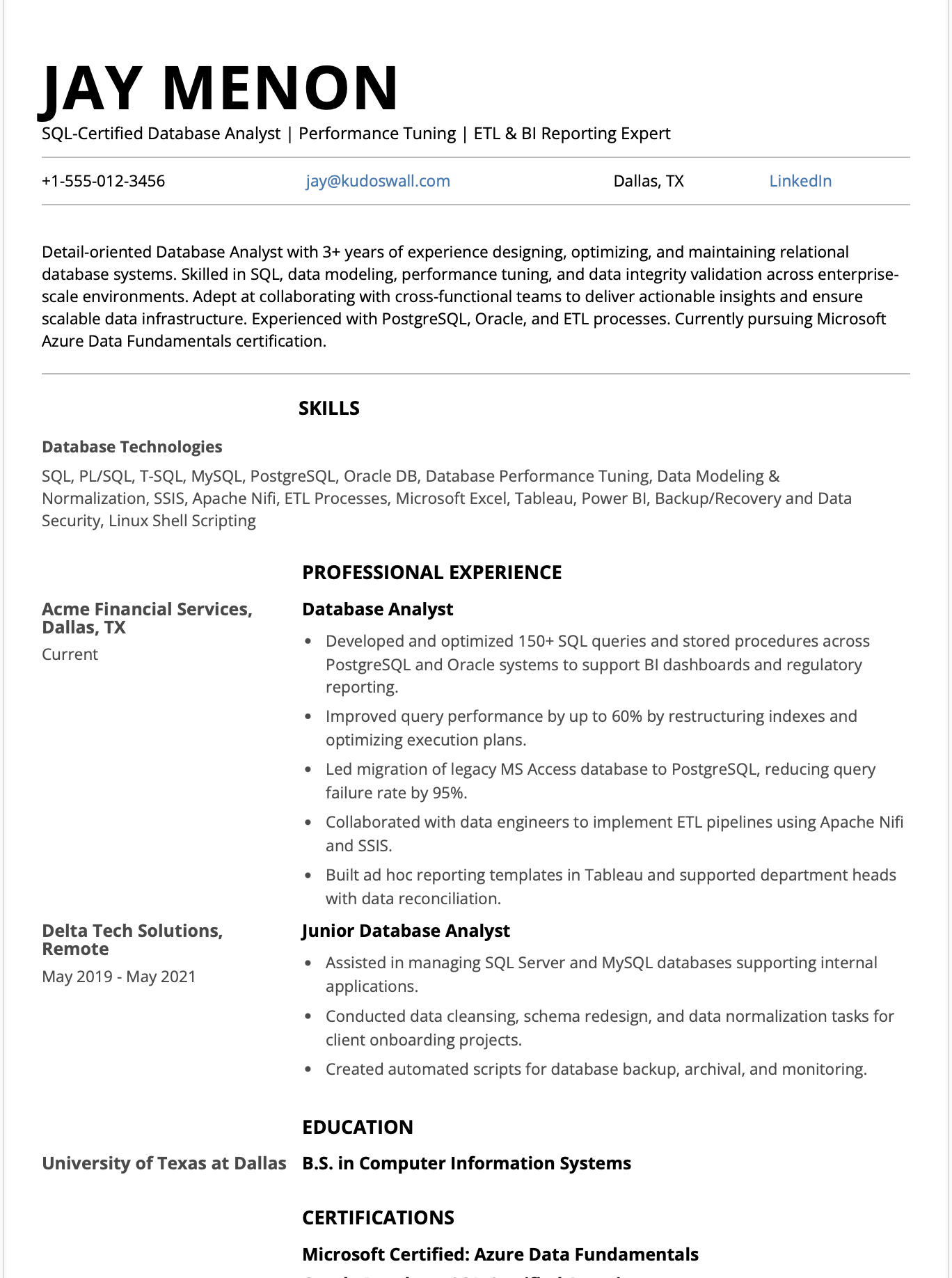 Database Analyst Resume Sample
