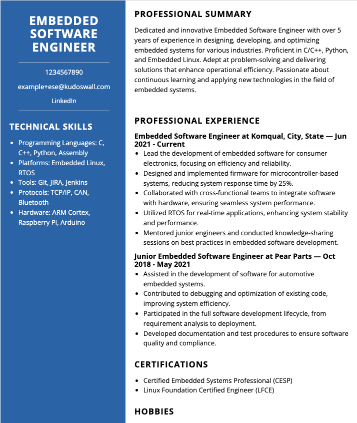 Embedded Software Engineer Resume