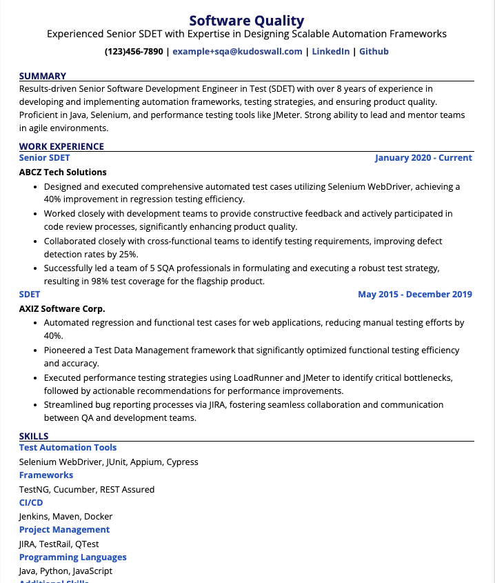 Senior Software Development Engineer in Test (SDET) Resume