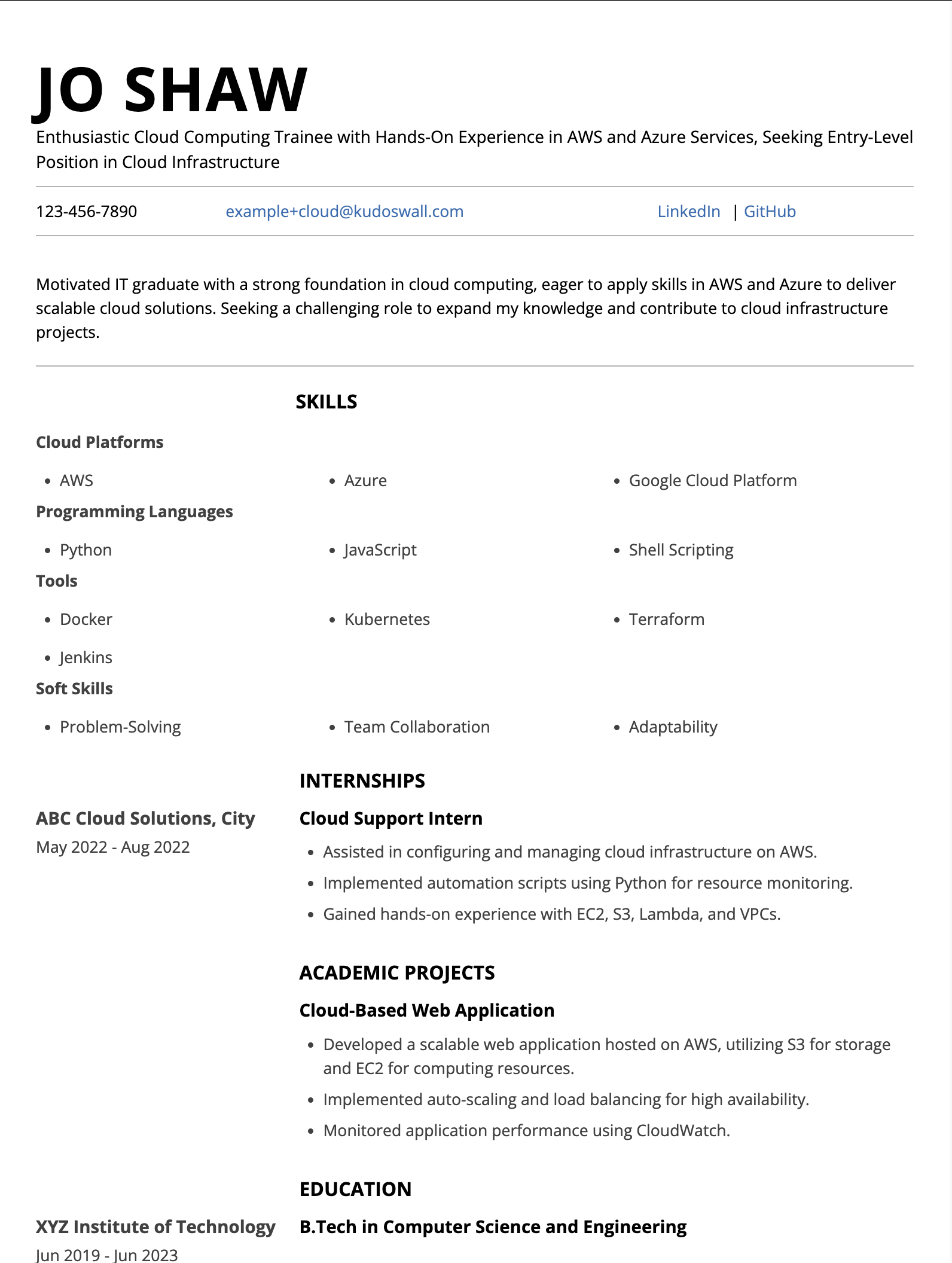 Resume of Cloud Computing Fresher