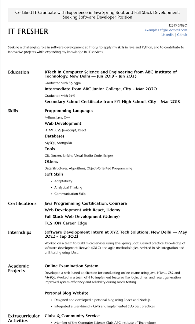 Off-Campus IT Fresher Resume