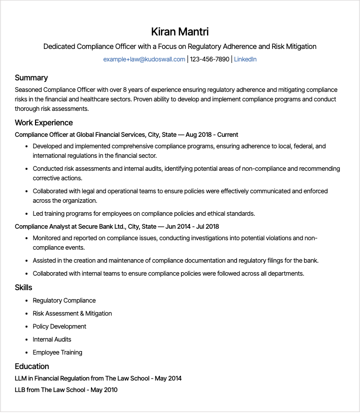 Compliance Officer Resume