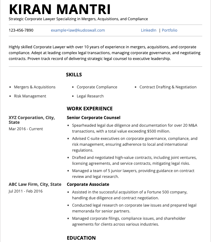 Corporate Lawyer Resume