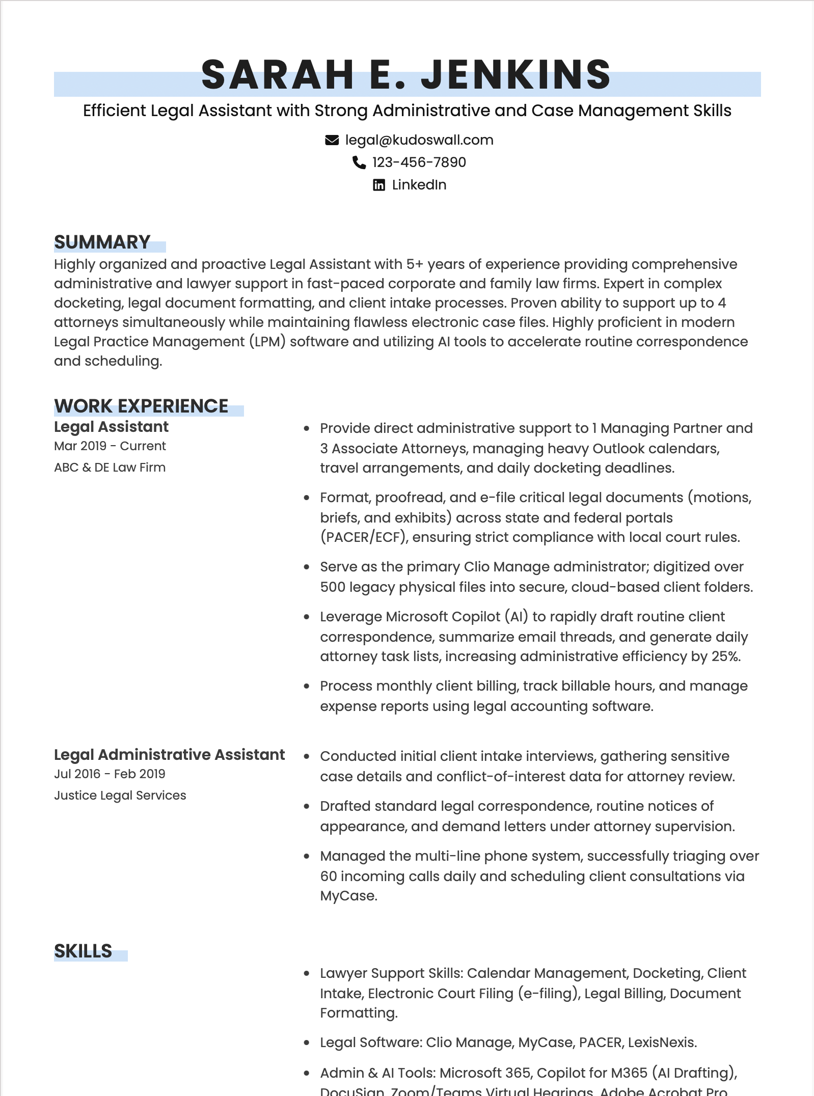 Legal Assistant Resume Example