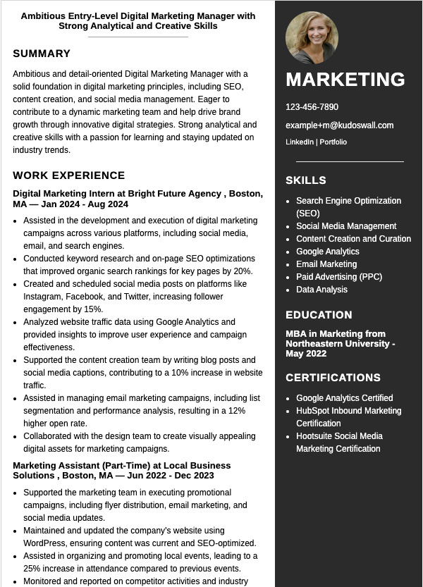 Digital Marketing Intern Resume Example | Kickstart Your Marketing Career