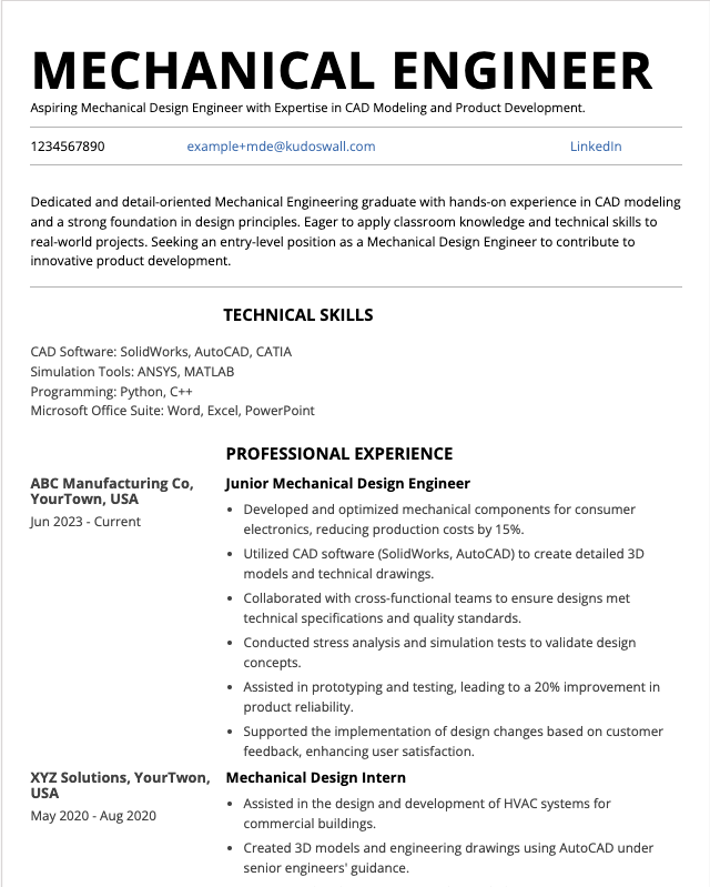 Junior Mechanical Design Engineer Resume