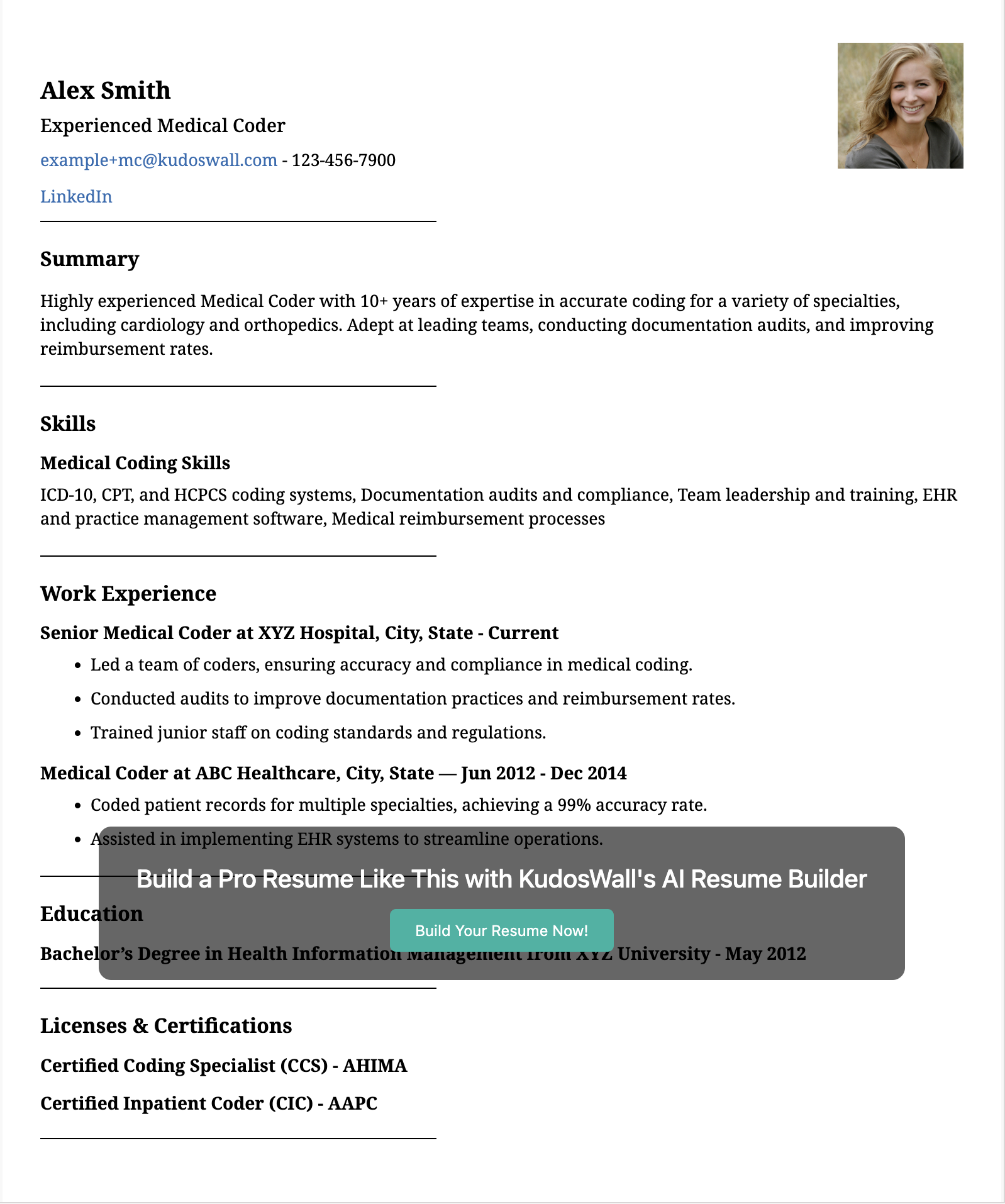 Experienced Medical Coder Resume Example