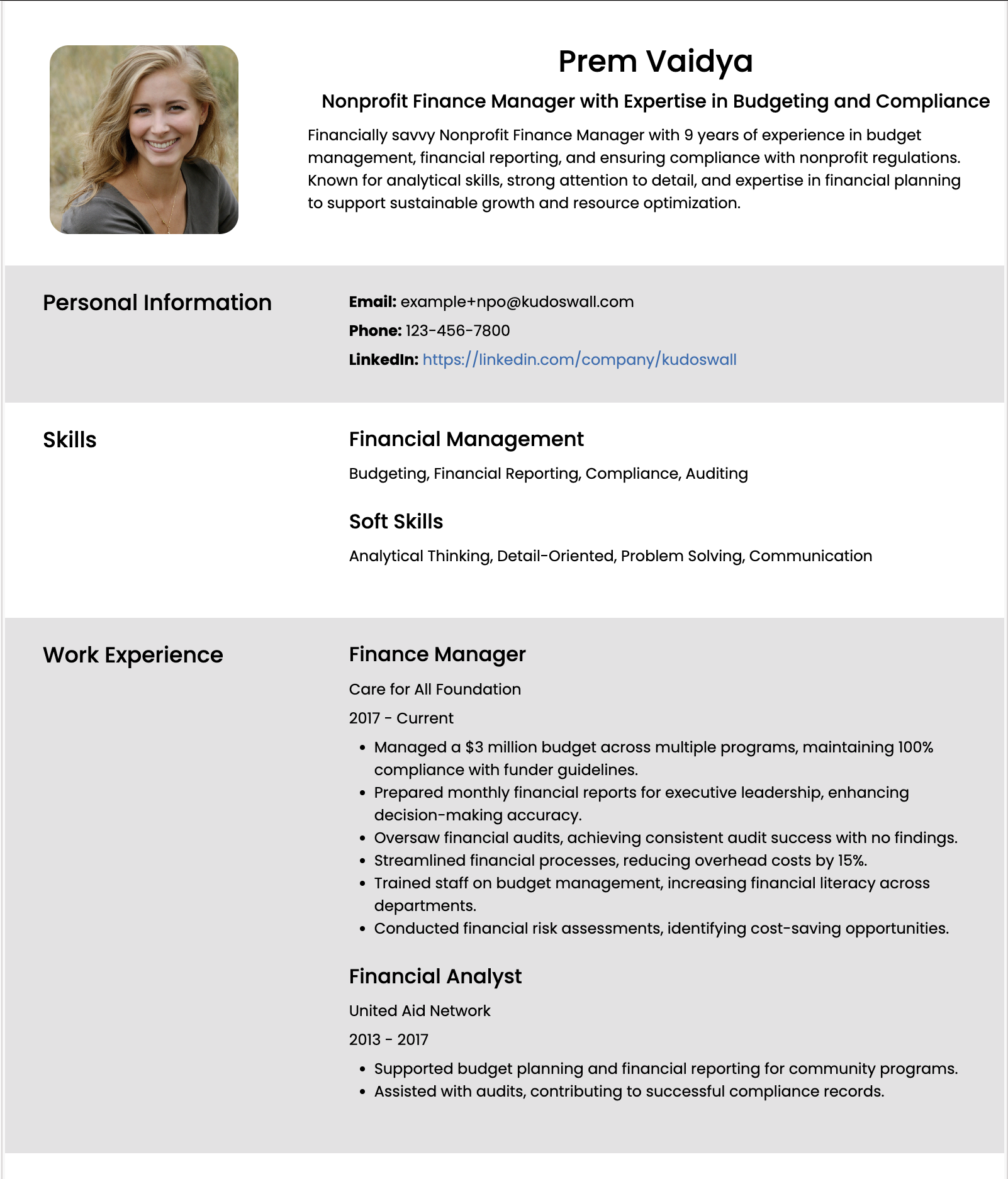 Nonprofit Finance Manager Resume