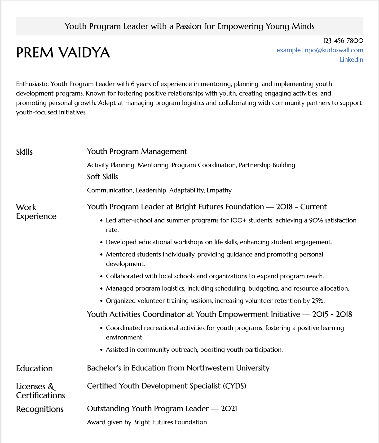 Youth Program Leader Resume