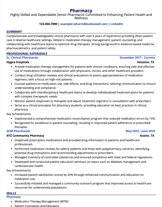 Clinical Pharmacist Resume