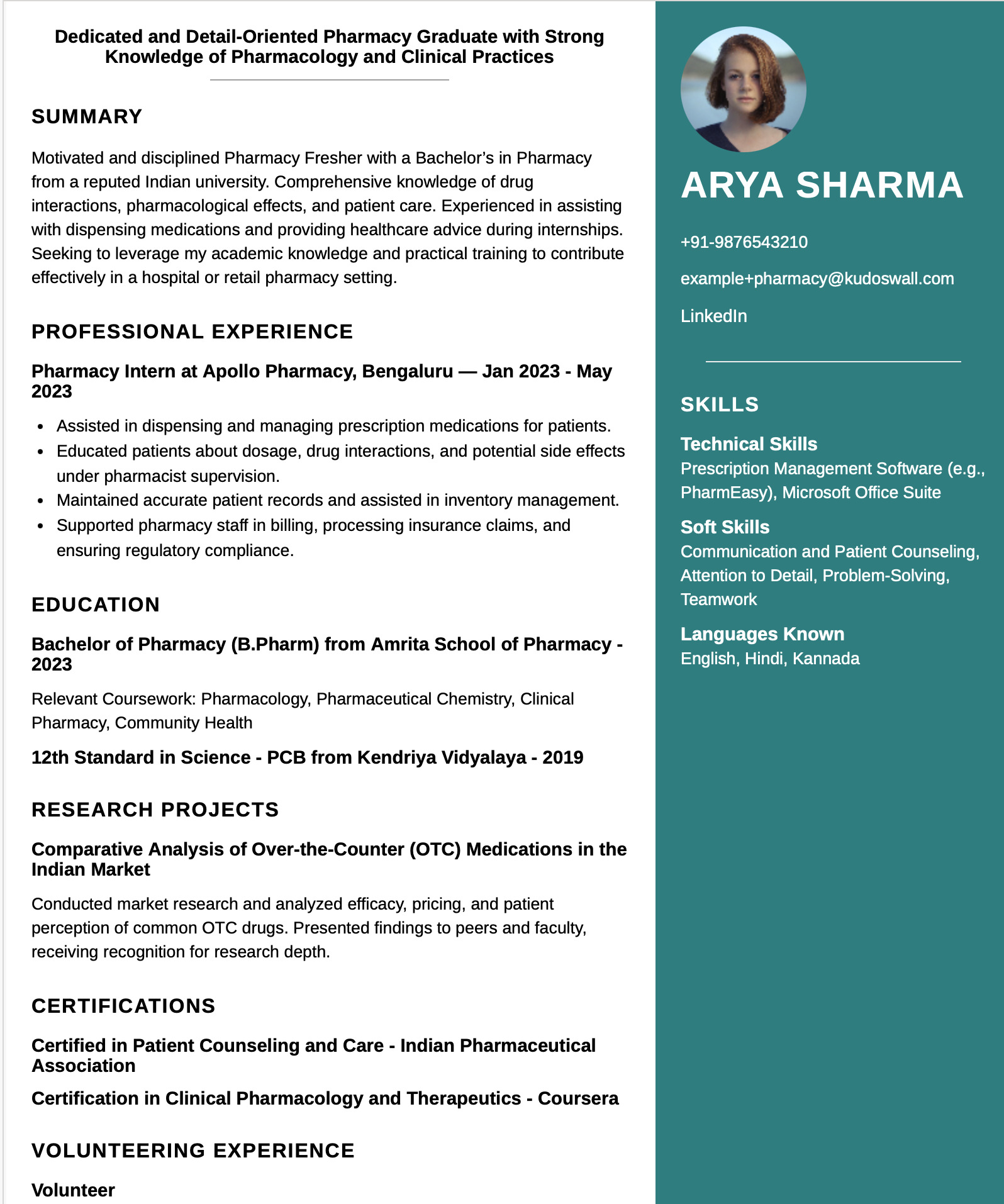 Pharmacy Fresher Resume Example