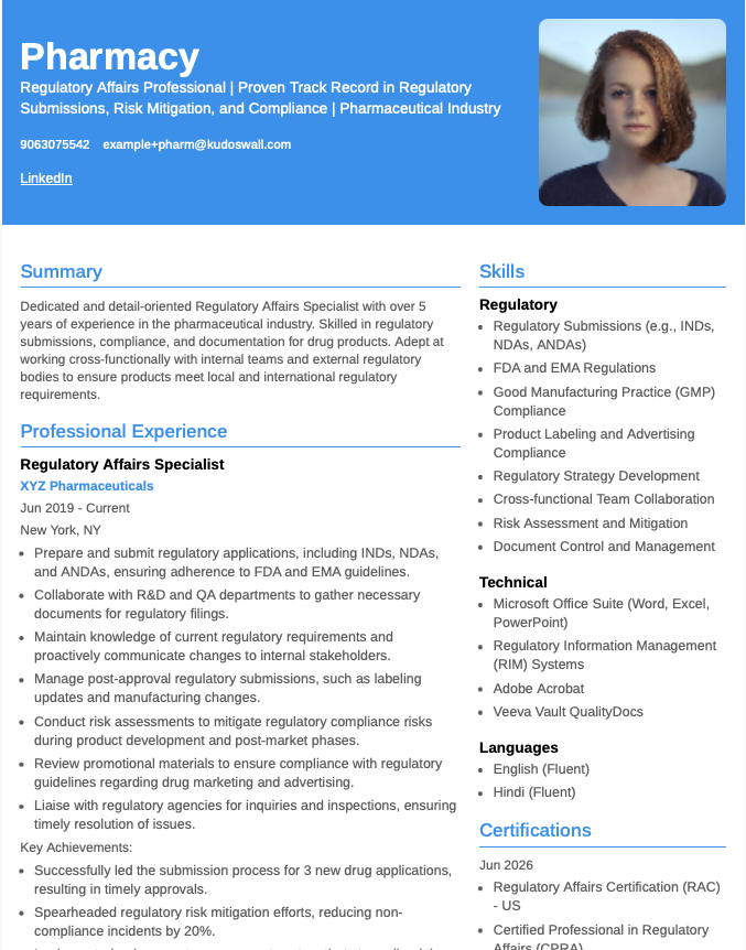 Regulatory Affairs Specialist Resume