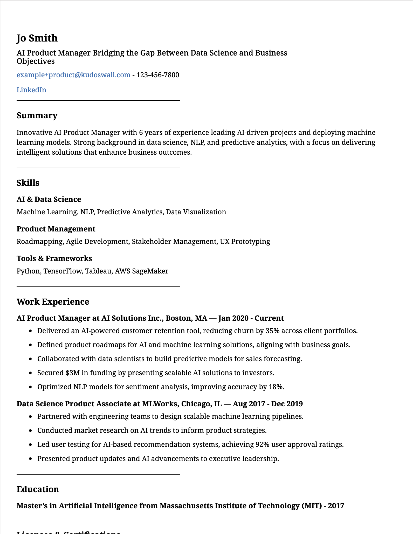 AI Product Manager Resume Example